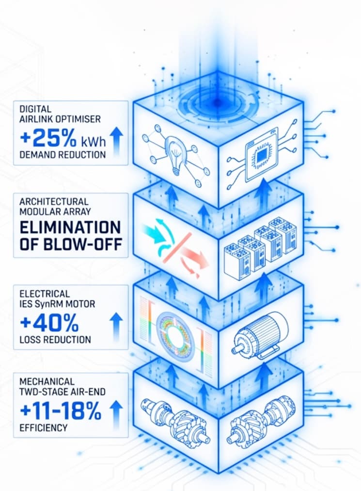 The Efficiency Stack: four stacked layers — two-stage BAOFN BHE air-end, IE5 ultra-premium SynRM motors, decentralised modular array, and the BAOFN AirLink Optimiser on top