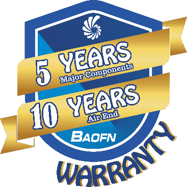 BAOFN warranty badge — 5 years on major components, 10 years on the air end
