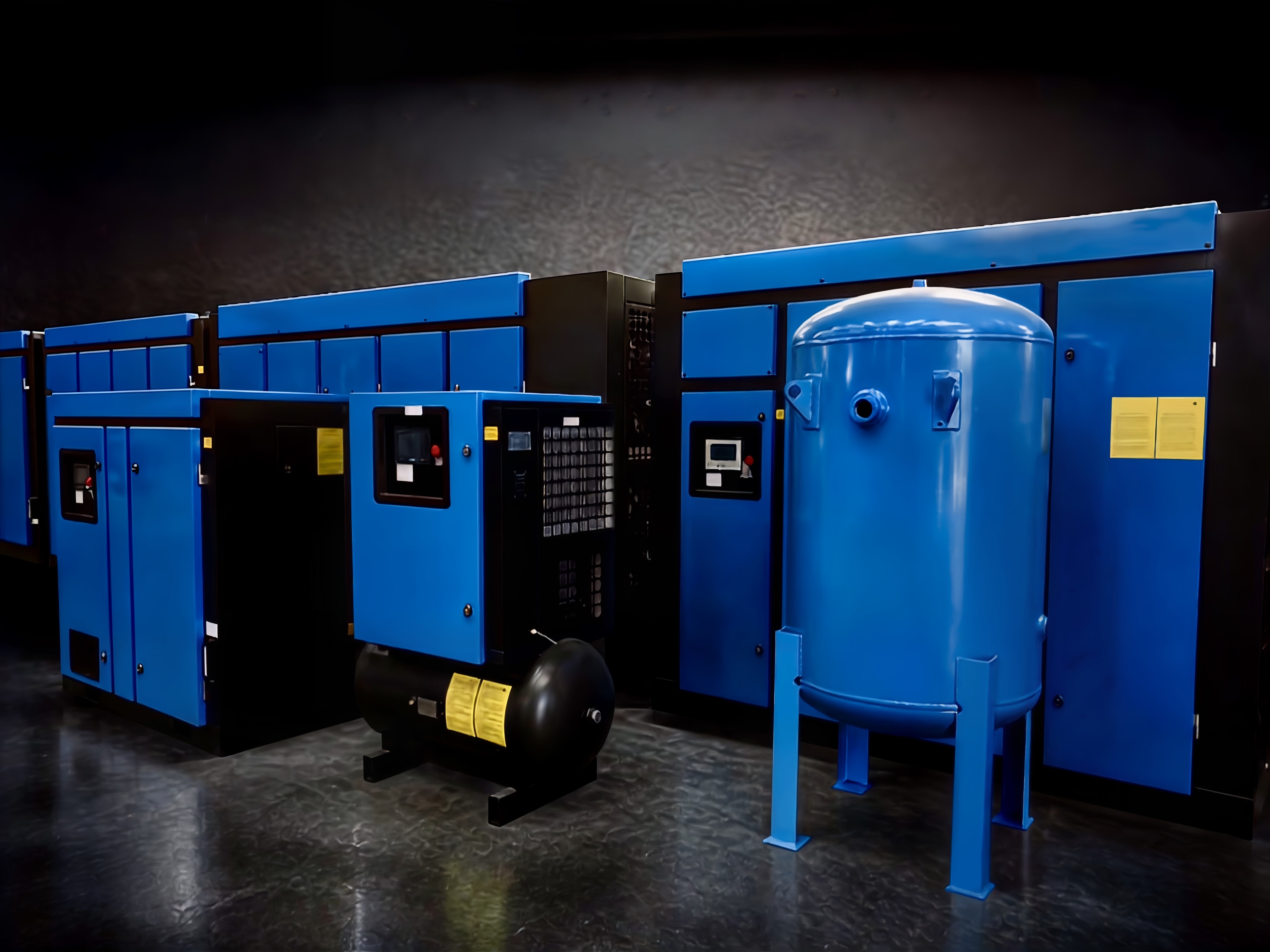 BAOFN screw compressors and a vertical air receiver lined up for matching to a duty
